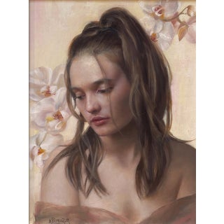 Listening to the Whispers of the Orchids by Kelly Birkenruth | Oil on panel Portrait of a woman with orchids. For Sale