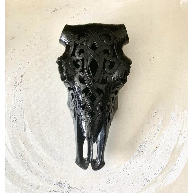Late 20th Century Vintage Black Lacquer Cutout Faux Animal Skull Head Wall Art For Sale - Image 5 of 5