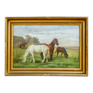 19th-Century Horses Grazing Oil Painting Circle J F Herring