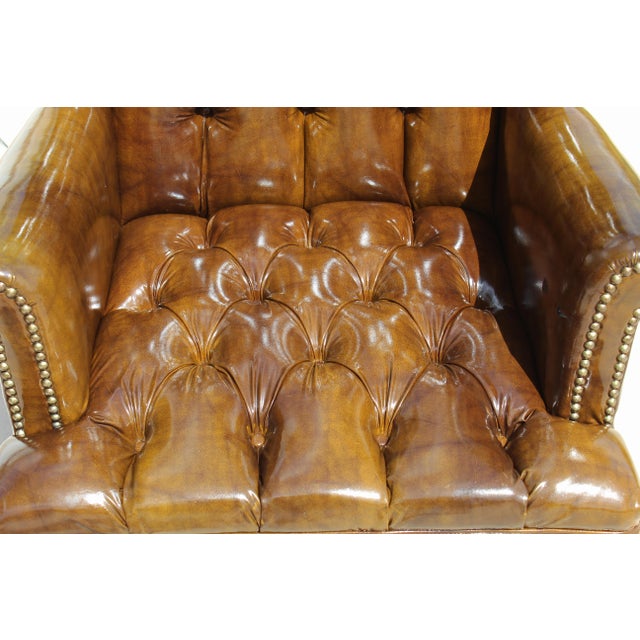 Vintage Tufted Faux Leather Wingback Armchair – Chesterfield Library Chair For Sale - Image 11 of 18
