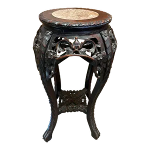 Antique Chinese Carved Rosewood Plant Stand With Inset Marble Top