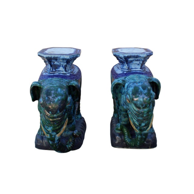 Pair Ceramic Handmade Chinese Green Blue Oriental Elephant Figures For Sale In San Francisco - Image 6 of 8