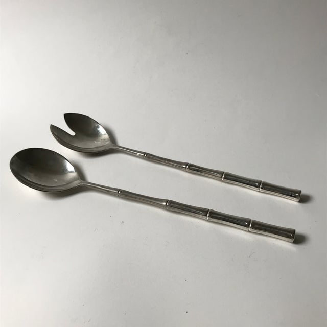 Vintage Italian Silver Tone Bamboo Handle Salad Tosser Serving Spoon