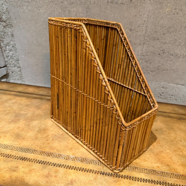 1970s Vintage-Burnt Bamboo Rattan Desk Organizer Magazine File Mid-Century For Sale - Image 5 of 11