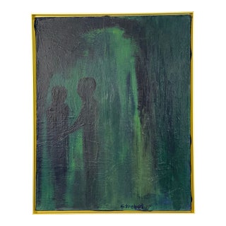 1968 Signed Abstract Figurative Painting in Navy & Emerald Green For Sale