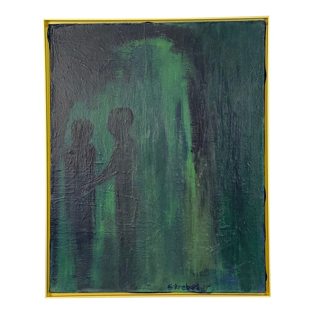 1968 Signed Abstract Figurative Painting in Navy & Emerald Green For Sale
