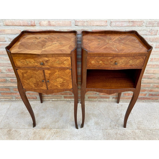 Brown Pair of French Marquetry Bedside Tables with Drawer and Cabinet, 1940s For Sale - Image 8 of 13