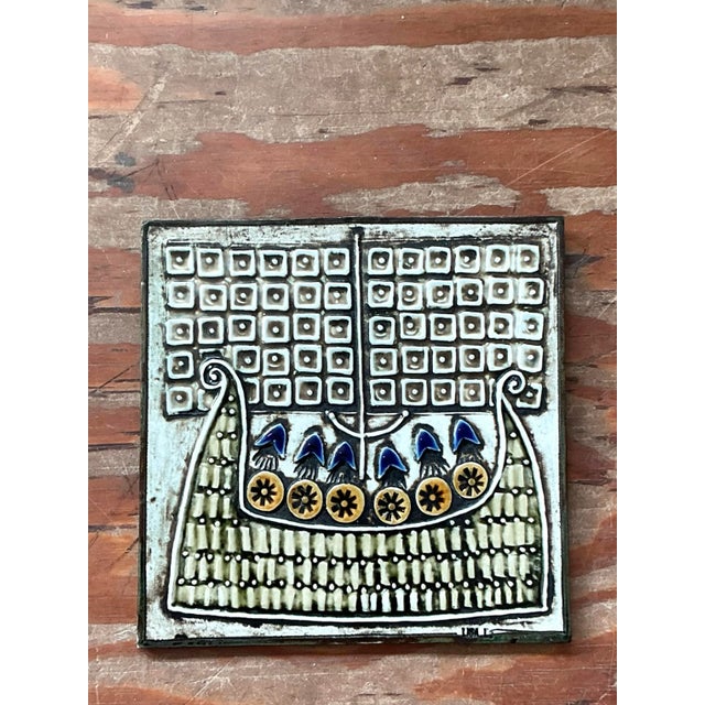 Vintage Boho Original Studio Pottery Viking Ship Tile For Sale - Image 4 of 6
