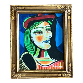 Vintage Cubist Figurative Oil on Board After Picasso For Sale