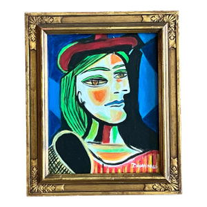 Vintage Cubist Figurative Oil on Board After Picasso