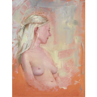Sweet Thoughts by Kirsten Savage | Oil on panel Profile of a woman with blonde hair against a warm background. For Sale
