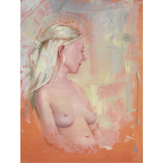 Sweet Thoughts by Kirsten Savage | Oil on panel Profile of a woman with blonde hair against a warm background. For Sale
