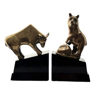 Vintage Mid 20th Century Bronze Bear and Bull Bookends, Stock Market Symbols - Set of 2 For Sale