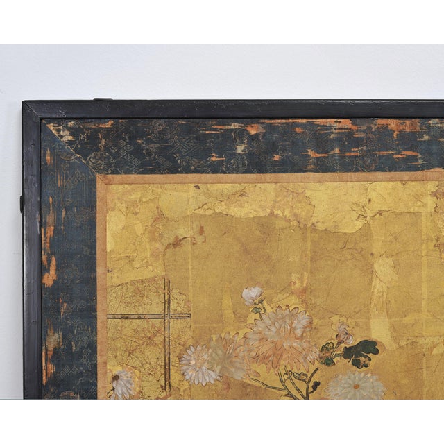 Japanese Edo Two-Panel Gilt Screen Birds Chrysanthemums 6 Ft For Sale - Image 13 of 18