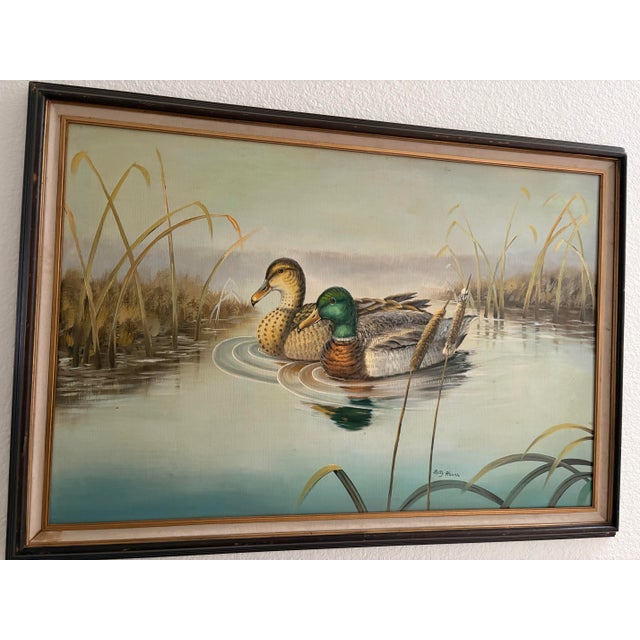 Cabin Mid Century Original Americana Framed Duck Mallard Painting For Sale - Image 3 of 11