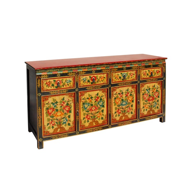 Chinese Chinese Tibetan Color Flower Graphic Credenza Sideboard Console Cabinet For Sale - Image 3 of 7
