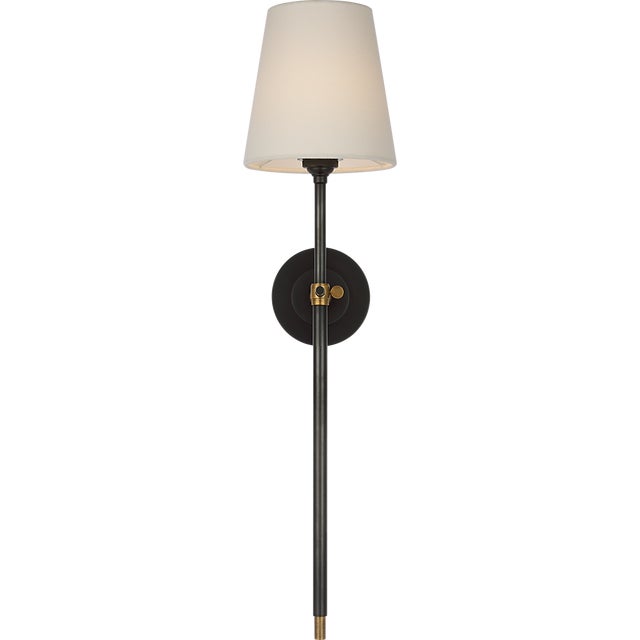 Black Thomas O'Brien for Visual Comfort Signature Bryant 27" Cordless Tail Sconce in Bronze and Hand-Rubbed Antique Brass with Linen Shade For Sale - Image 8 of 13