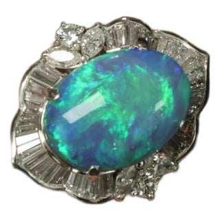 Late 20th Century Fine 7.41ct Natural Untreated Black Opal 2.06ct Diamond Platinum Ring Size 6 For Sale