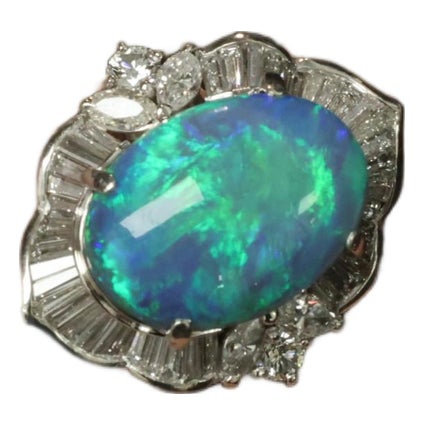 Late 20th Century Fine 7.41ct Natural Untreated Black Opal 2.06ct Diamond Platinum Ring Size 6 For Sale