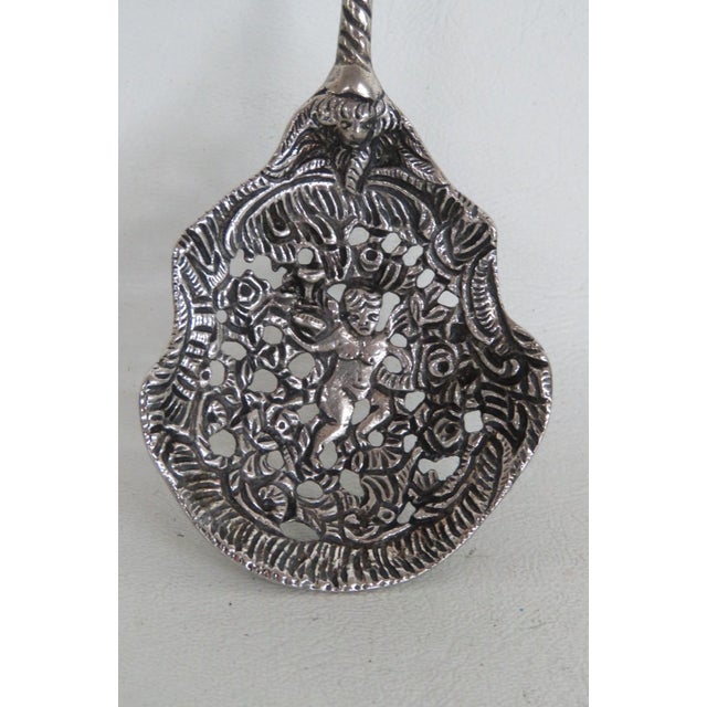 Italy Ornate Silvertone Straining Spoon Decorative Floral Cherub Motif 5143b For Sale In Miami - Image 6 of 12