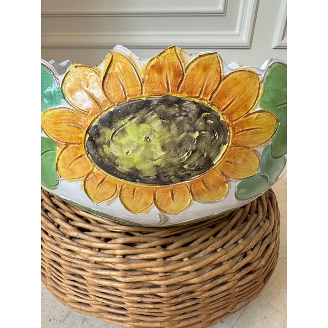 Vintage 12” Italian Sunflower Insized, Glazed Handpainted Terracotta Bowl For Sale - Image 13 of 18