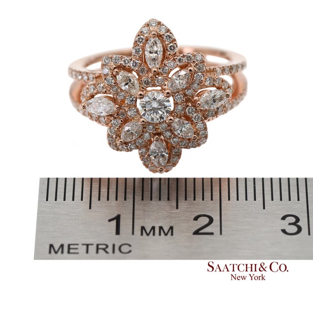 18k 750 Solid Rose Gold Floral Natural Diamond Ring, Size 7 For Sale - Image 11 of 13