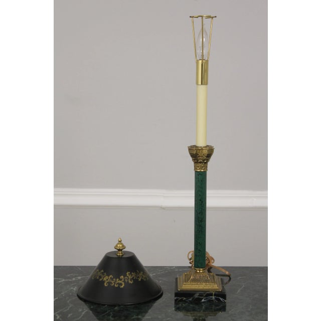 Regency Style Green Column Table Lamp W. Tole Shade For Sale - Image 10 of 10