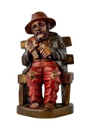Vintage Wood Carving of a Peasant Fiddler Seated on a Bench