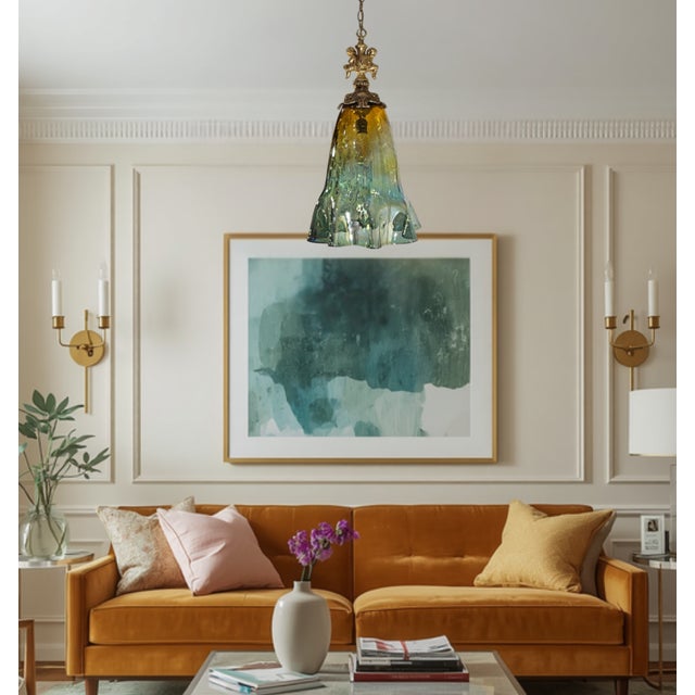 Large Art Glass Fazzoletto Green Amber Cherub Pendant Light For Sale - Image 11 of 18