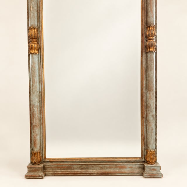 French Country Large French Trumeau Style Painted and Gilt Pier Mirror in Blue-Green For Sale - Image 3 of 7