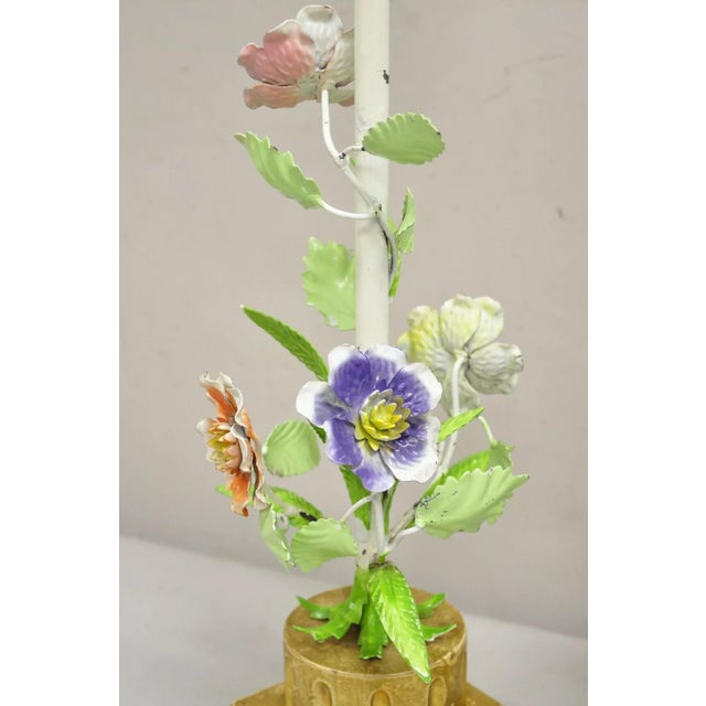 Vintage Italian Hollywood Regecy Painted Flower Iron Toleware Boudoir Lamps Pair For Sale - Image 11 of 12