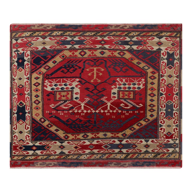 Antique Anatolian Square Rug in Red With Geometric Patterns, From Rug & Kilim For Sale