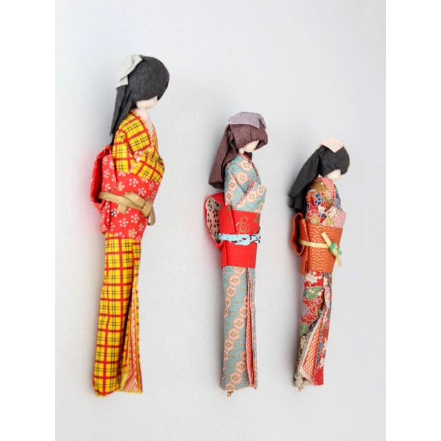 Red Mid-Century Japanese Folk Art Kimono Dolls Set of 3 For Sale - Image 8 of 16