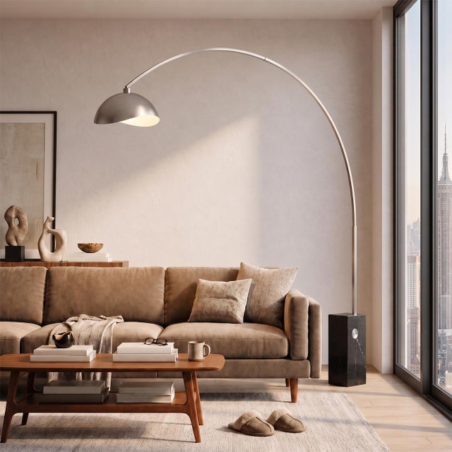 Mid-Century Modern Iconic Arc Floor Lamp - Satin Nickel, Black Marble Base, Dimmable, Led Bulb Included For Sale - Image 3 of 5