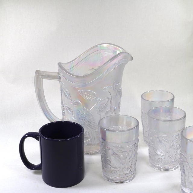 Vintage Imperial Carnival Glass Iridescent Frosty White Robins & Flowers Pitcher and 4 Glasses For Sale In Cincinnati - Image 6 of 13