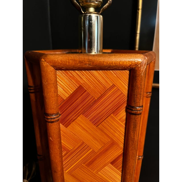 Wood Herringbone Parquet Rattan & Bamboo MCM Lamps For Sale - Image 7 of 7