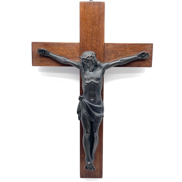 Vintage Crucifix in Bronze on Oak, 1920s For Sale - Image 15 of 15