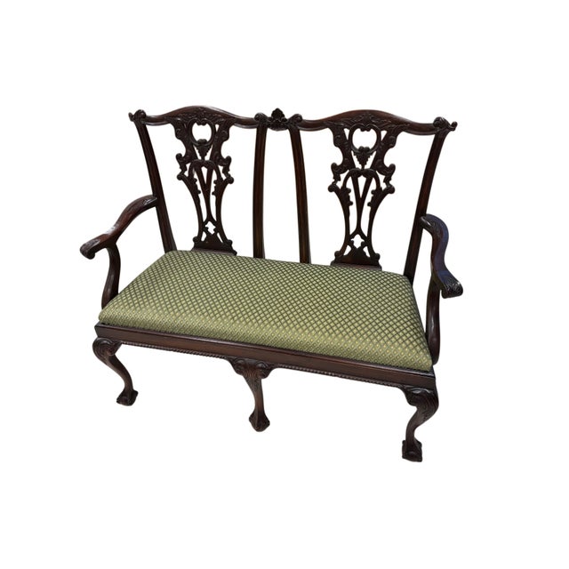 Mid 20th Century Mid 20th Century English Chippendale Style Mahogany Window Bench With Carved Openwork Backs For Sale - Image 5 of 5