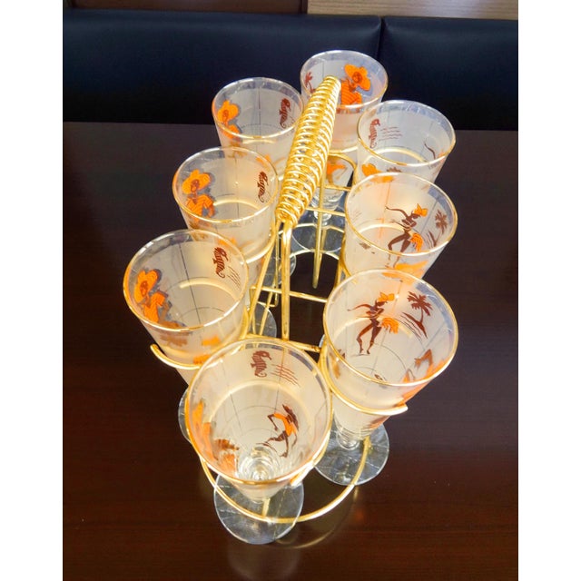 1960s Eight 1960's MCM Tropical Theme Beer Glasses W/ Carrier For Sale - Image 5 of 6