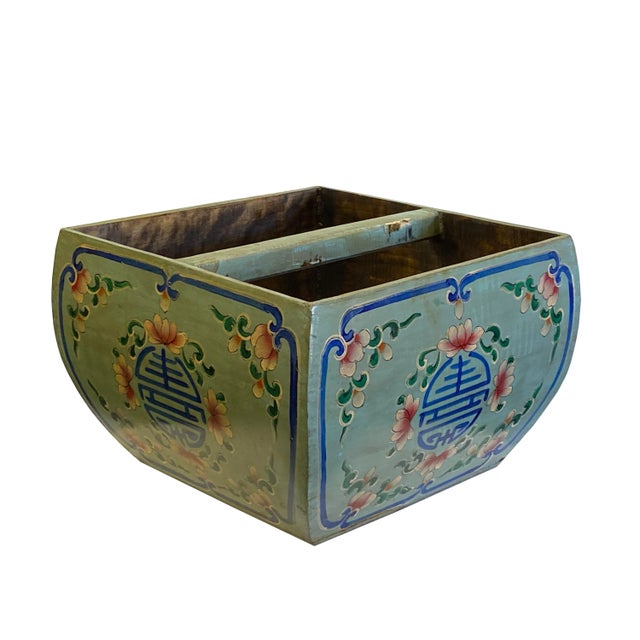 Chinese Chinese Wood Square Blue Gray Lacquer Graphic Handle Bucket For Sale - Image 3 of 5