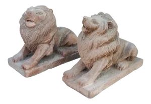 19th Century Hand Carved Brownstone Garden Lions Statues - A Pair