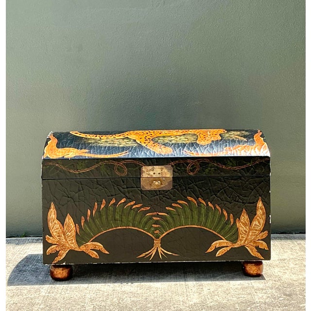Hollywood Regency Vintage Crackle Finish Lounging Tiger Trunk For Sale - Image 3 of 12