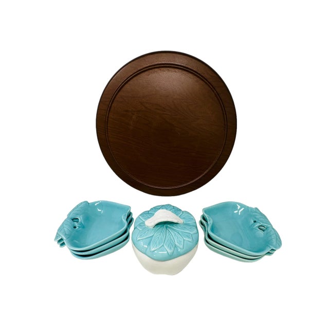 Blue 1960's Hoenig of California Ceramic Apple Serving Set With Lazy Susan For Sale - Image 8 of 9