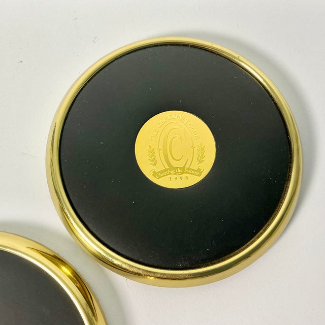 1990s 1990s Vintage Hollywood Regency Traditional Brass & Leather Coasters - Set of 5 For Sale - Image 5 of 10