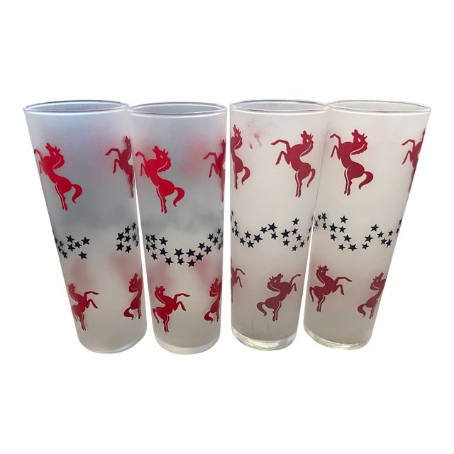 Vintage Mid Century Tom Collins Red Leaping Horses & Stars by Libbey Tumblers - Set of 4 For Sale