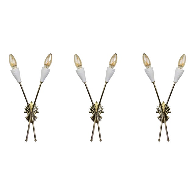 Vintage Brass Wall Sconces, 1950s, Set of 3 For Sale