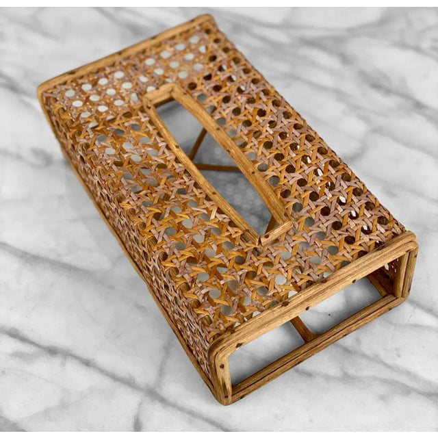 1970s Vintage Boho Coastal Rattan Natural Woven Cane Tissue Box Cover Holder For Sale - Image 5 of 7