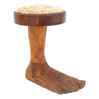Late 20th Century Folk Art Carved Wood "Foot" Stool For Sale