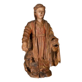 Spanish Artist, Gothic Carved Figure of Saint Margaret of Antioch, 16th Century, Wood For Sale