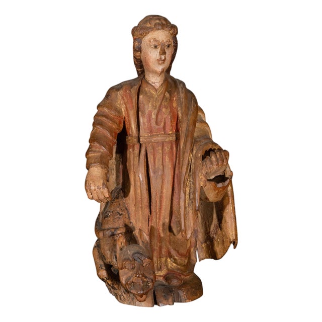 Spanish Artist, Gothic Carved Figure of Saint Margaret of Antioch, 16th Century, Wood For Sale